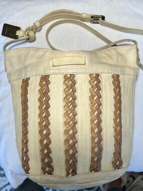 Vintage Frye Leather Crossbody Bucket Bag Cream w/ Brown Twist Braid, 'Tricia'